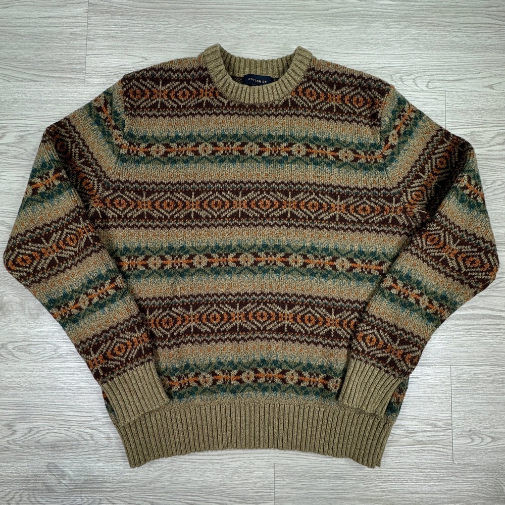 Cotton On Mens Sweater Fair Isle Geometric Knit Brown Multi Medium Preppy Nordic